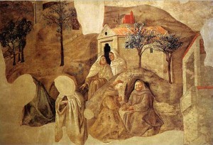 Conferimento della regola del Carmelo (Tebaide), anno di esecuzione 1430 circa, affresco staccato, cm. 386 x 480 (più un frammento di cm 95 x 137), Convento del Carmine, Firenze.